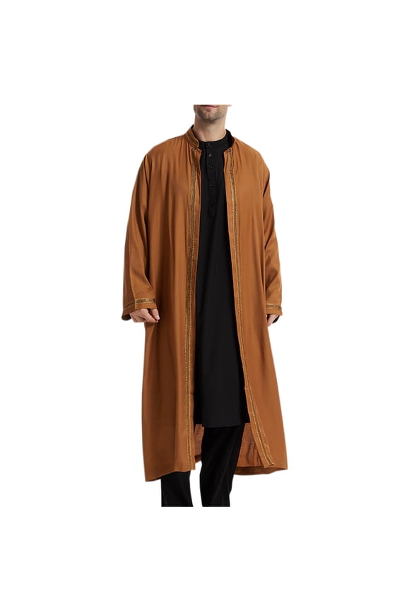 Men's Thobe Jubba Long Sleeve Muslim Clothing Kaftan Islamic Gown Black White Brown L