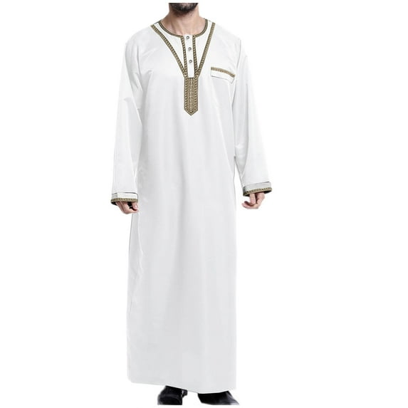 hopeusnice Men's Thobe Jubba Long Sleeve Muslim Clothing Kaftan Islamic Gown Black White White M