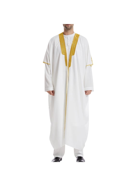 Men's Thobe Jubba Long Sleeve Muslim Clothing Kaftan Islamic Gown Black White White XL