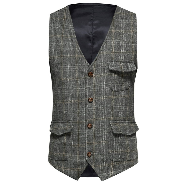 hopeusnice Men s Tweed Vests Classic Plaid Wool Waistcoat Vintage Retro Slim Fit Business Dress Vests Pockets Gray XXL Walmart