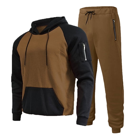 hopeusnice Men's Two Piece Tracksuit Color Block Hooded Sweatshirt Sweatpants Set with Zipper Pockets Khaki S