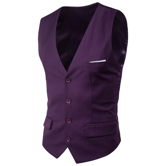 hopeusnice Men's V-Neck Suit Vest Slim Fit Business Formal Dress Waistcoat Solid Color Vest with Pocket Purple XXXXXL