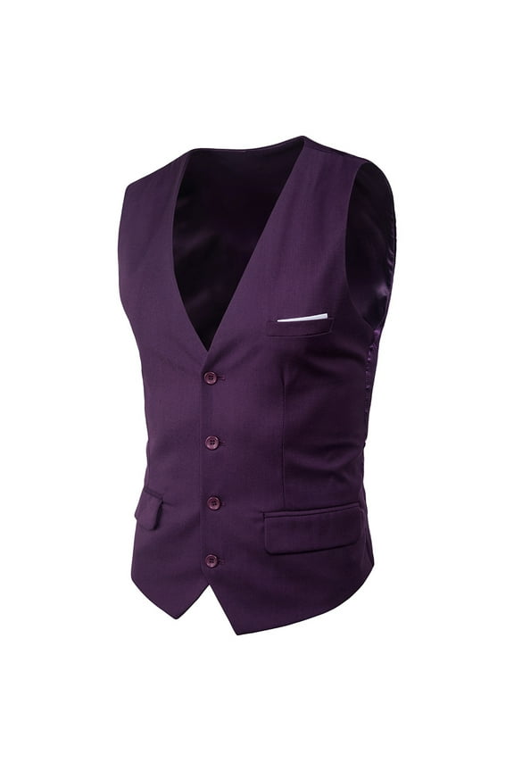 Men's V-Neck Suit Vest Slim Fit Business Formal Dress Waistcoat Solid Color Vest with Pocket Purple XXXXXL