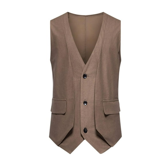 hopeusnice Men's Vests Waistcoat Button Chain V-Neck Formal Business Slim Fit Suit Vest Coffee XL