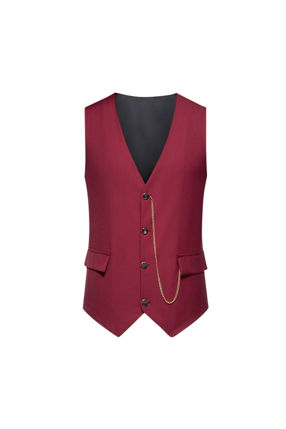 Men's Vests Waistcoat Button Chain V-Neck Formal Business Slim Fit Suit Vest Wine XL