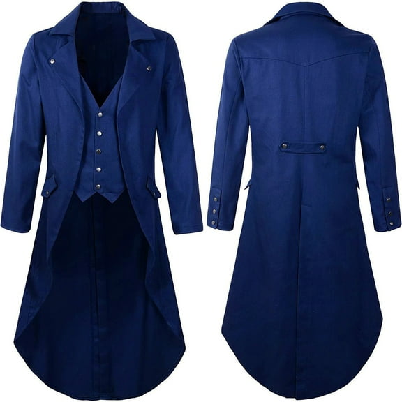 hopeusnice Men's Vintage Gothic Tailcoat Steampunk Long sleeve Frock Coat Party Tuxedo with Vest Blue XXXL