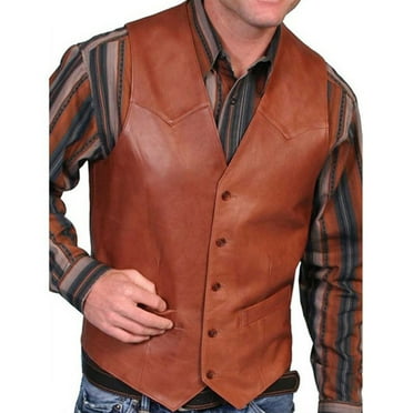 hopeusnice Men's Western Cowboy Style Genuine Leather Vests Retro Distressed Waistcoat Slim Fit Biker Vests with Snap-Up Front Two Front Welt Pockets Brown L