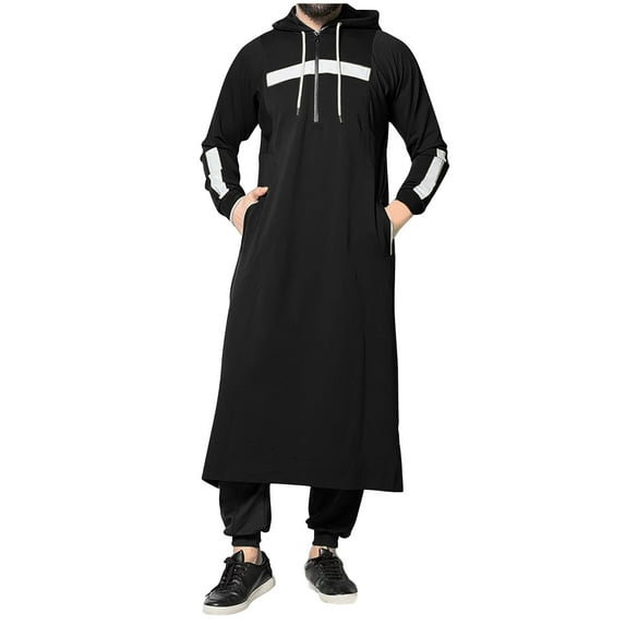 hopeusnice Men's White Muslim Jubba Thobe Long Sleeve Hood Kaftan Long Robe Islam Clothing Black M