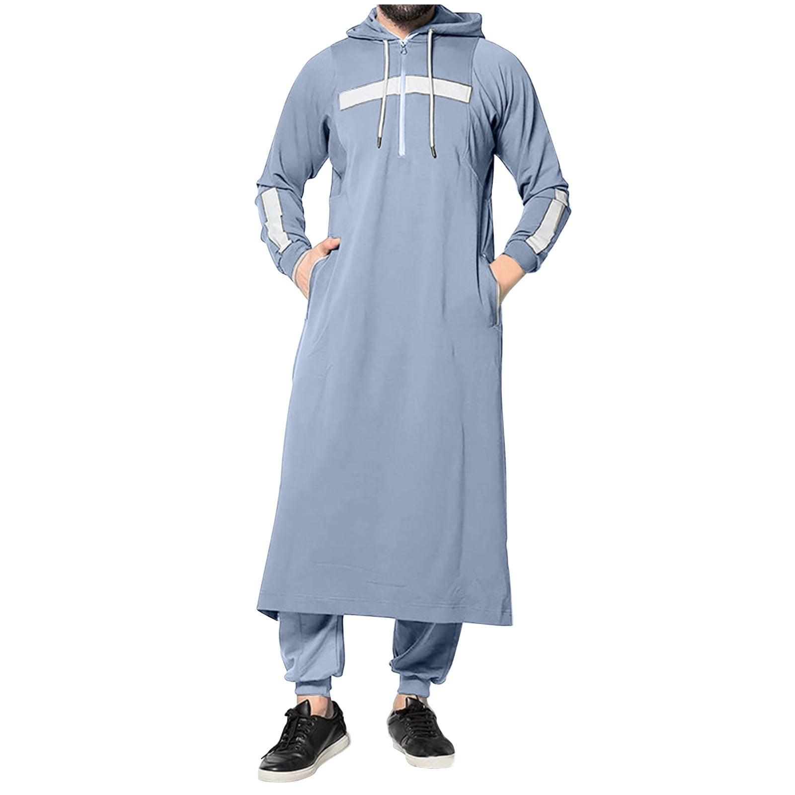 hopeusnice Men's White Muslim Jubba Thobe Long Sleeve Hood Kaftan