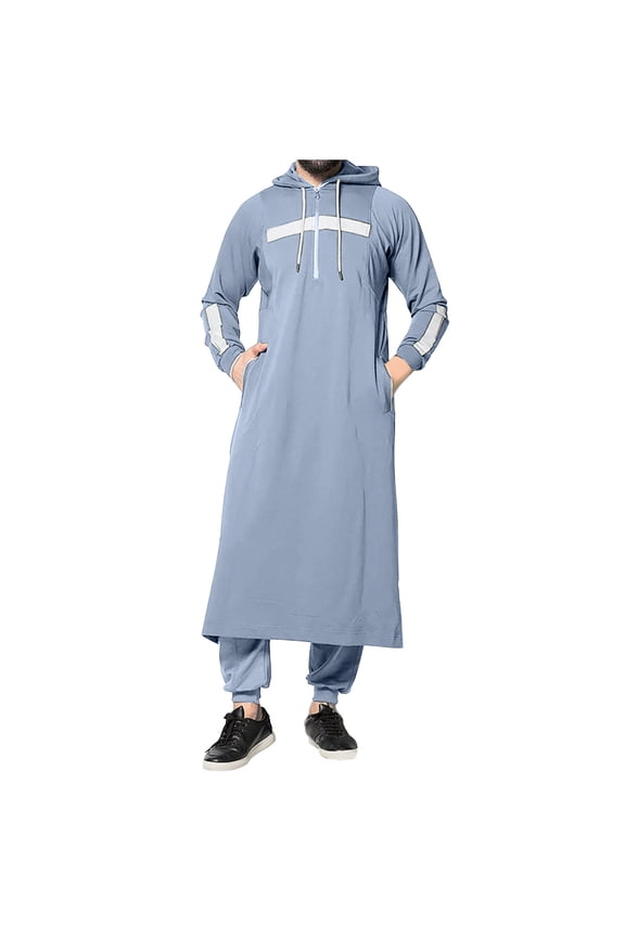 Men's White Muslim Jubba Thobe Long Sleeve Hood Kaftan Long Robe Islam Clothing Gray XXXXL