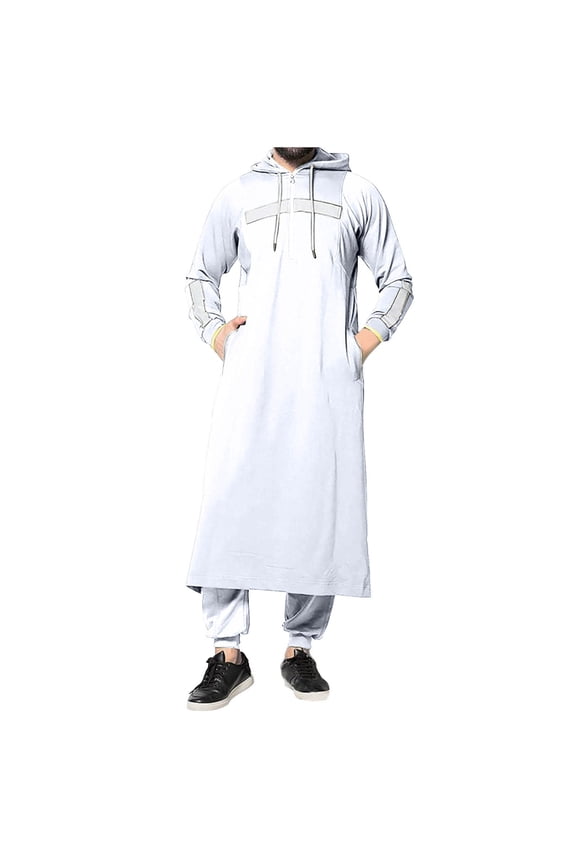 Men's White Muslim Jubba Thobe Long Sleeve Hood Kaftan Long Robe Islam Clothing White L