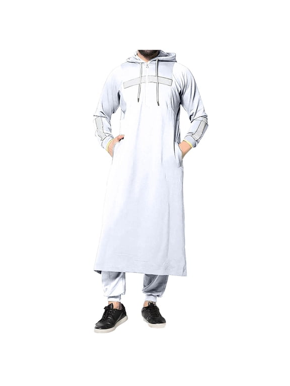 Men's White Muslim Jubba Thobe Long Sleeve Hood Kaftan Long Robe Islam Clothing White XXL