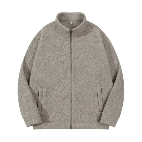 hopeusnice Men's Winter Lamb Wool Fleece Stand Collar Zipper Warm Thickening Coat Outwear Pockets Lambwool Teddy Overcoat Gray XXL