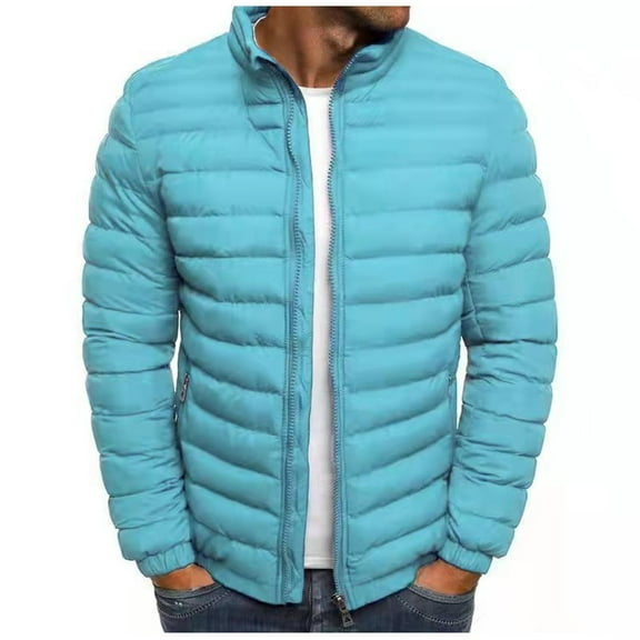 hopeusnice Men's Winter Quilted Jacket Stand Collar Zipper Closure Long Sleeve Warm Padded Coats Outwear Mint Green L