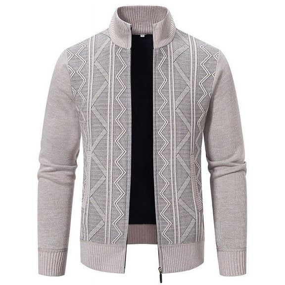 hopeusnice Men's Winter Slim Fit Knitted Sweaters Thicken Warm Stand Collar Cardigan Coats with Zipper Pockets Beige XL
