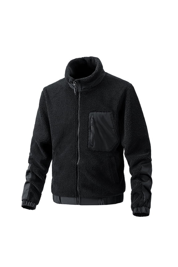 Men's Winter Teddy Fleece Zip Up Jacket with Pockets Stand Collar Long Sleeve Warm Overcoat Black XXXL