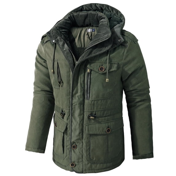 hopeusnice Men's Winter Thickened Warm Fleece Hood Parkas Jackets Coats Outwear Army Green L