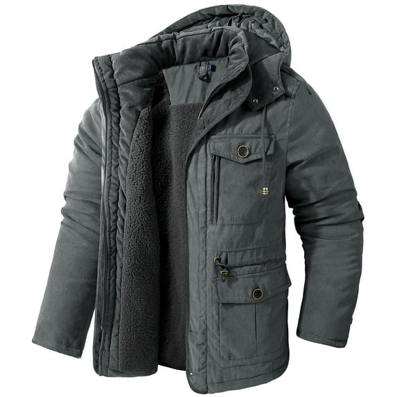 hopeusnice Men's Winter Thickened Warm Fleece Hood Parkas Jackets Coats Outwear Gray XXL