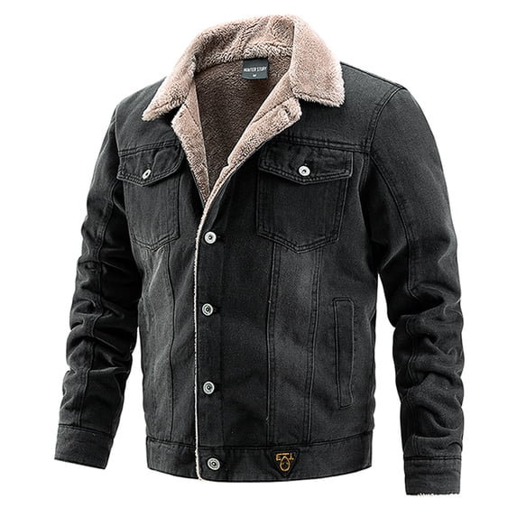 hopeusnice Men's Winter Warm Denim Jacket with Hood Thick Fleece Jean Trucker Coats Outwear with Pockets Black M