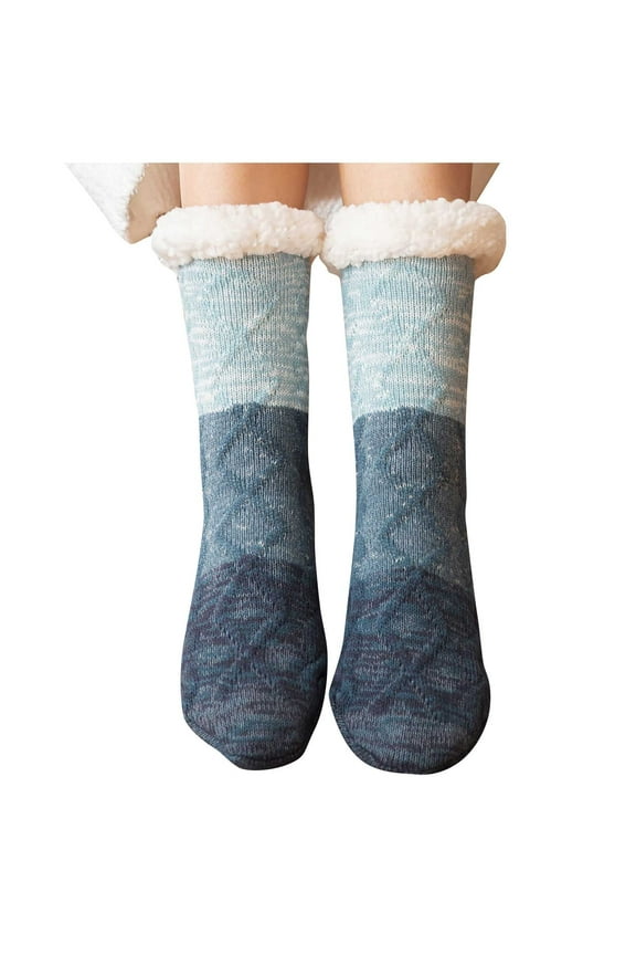 Men's Winter Warm Fuzzy Crew Socks Soft Thermal Slipper Socks with Grippers Cozy Fleece Home Sock Blue Free Size