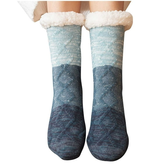 hopeusnice Men's Winter Warm Fuzzy Crew Socks Soft Thermal Slipper Socks with Grippers Cozy Fleece Home Sock Blue Free Size