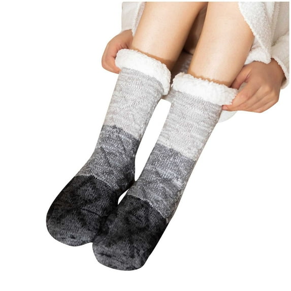 hopeusnice Men's Winter Warm Fuzzy Crew Socks Soft Thermal Slipper Socks with Grippers Cozy Fleece Home Sock Gray Free Size