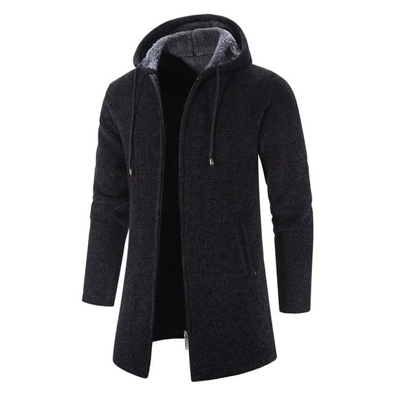 hopeusnice Men's Winter Warm Hooded Sweater Coat Thicken Fleece Lined Cardigan Outwear Pockets Long Knitted Sweaters Overcoat Black L