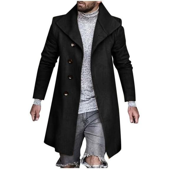 hopeusnice Men's Winter Wool Long Trench Coat Warm Overcoat Slim Fit Business Outwear with Buttons Lapel Pockets Black L