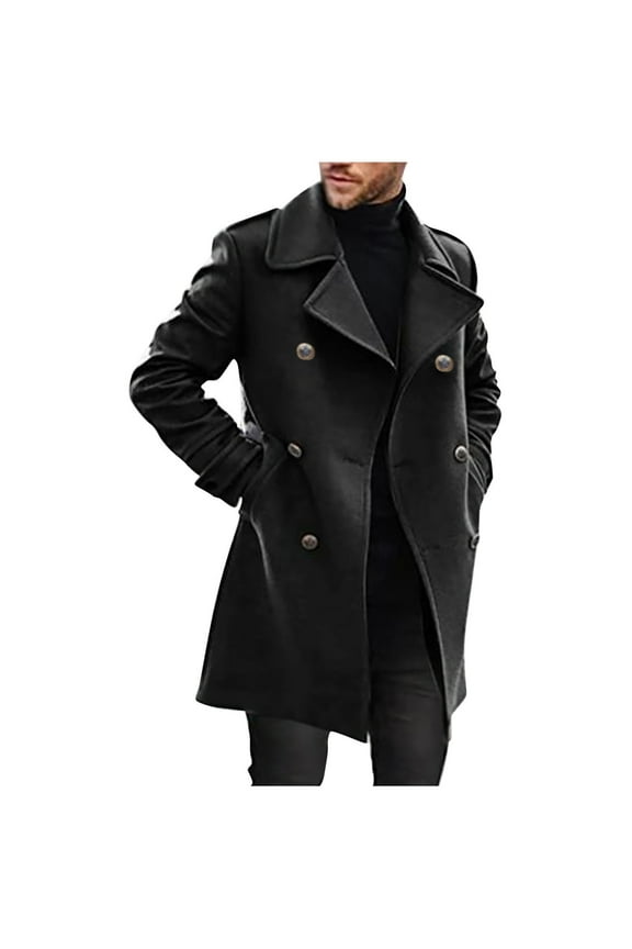 Men's Winter Wool Peacoat Double Breasted Slim Fit Warm Overcoat Trench Long Outwear with Buttons Black L