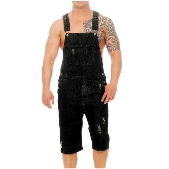 hopeusnice Mens Casual Beach Ripped Patches Workout Cotton Linen Jumpsuits Jeans Overalls Rompers Shorts Sleeveless Fashion Summer with Pockets Pants Black XXL
