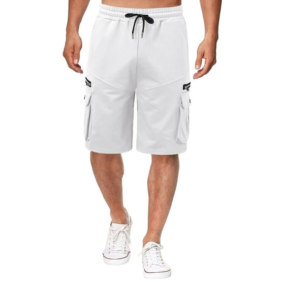 hopeusnice Mens Cotton Linen Cargo Shorts Activewear Sweat Shorts Workout Solid Color Elastic Waist Drawstring Casual Beach Loose with Pockets Fashion Summer Pants White L