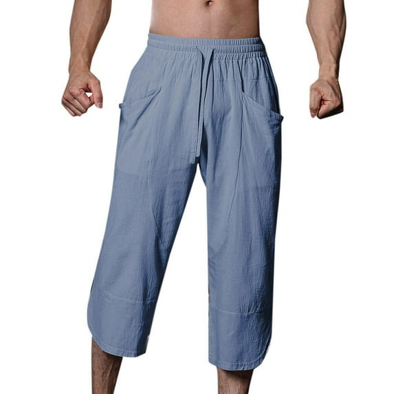 hopeusnice Mens Elastic Waist Drawstring Workout Solid Color Loose with Pockets Pants Capri Shorts Cropped Trousers Running Shorts Casual Beach Fashion Summer Navy XXL