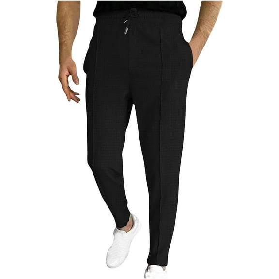 hopeusnice Mens Elastic Waist Pants with Pockets Drawstring Workout Fashion Summer Casual Beach Solid Color Pants Loose Cotton Linen Running Lounge Trouser Activewear Straight