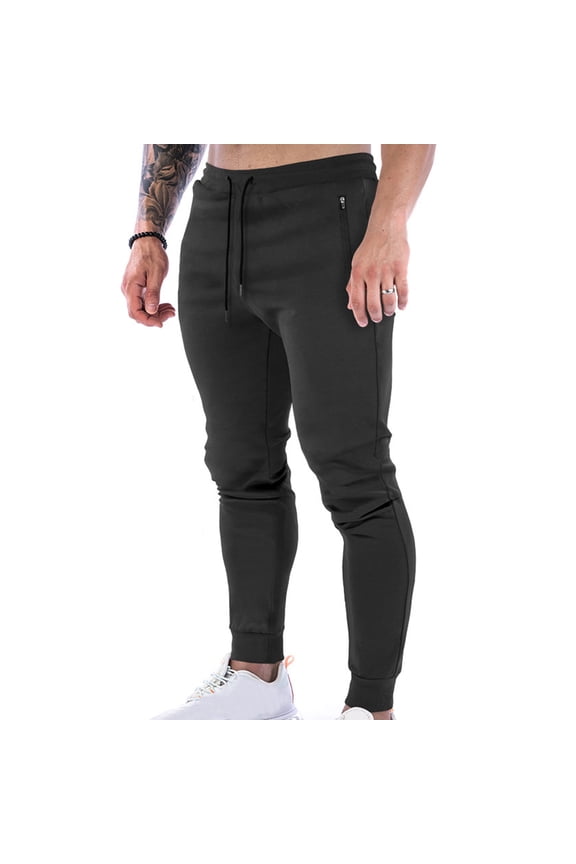 Mens Joggers Sweatpants Activewear Trousers Workout Casual Beach Pants Elastic Waist Drawstring Solid Color Skinny Zipper Pockets Fashion Summer Black L