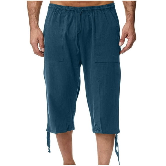 hopeusnice Mens Loose Fit Workout Fashion Summer Solid Color Cotton Linen Capri Shorts Cropped Lounge Trousers Casual Beach Elastic Waist Pants Blue M