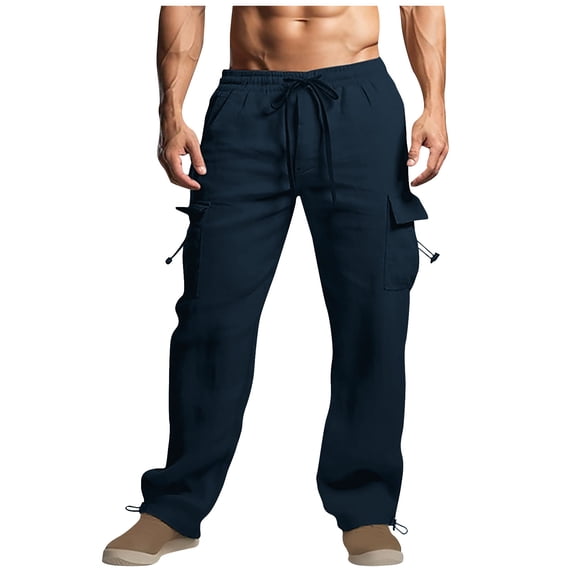 hopeusnice Mens Loose With Pockets Workout Casual Beach Cotton Linen Cargo Wide Leg Running Trousers Activewear Solid Color Elastic Waist Drawstring Fashion Summer Pants Navy L