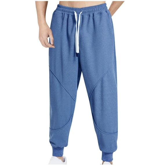 hopeusnice Mens Cotton Linen Joggers Sweatpants Activewear Running Trousers Workout Solid Color Joggers Elastic Waist Pants with Pockets Drawstring Loose Pants Fashion Summer Casual Beach Blue L