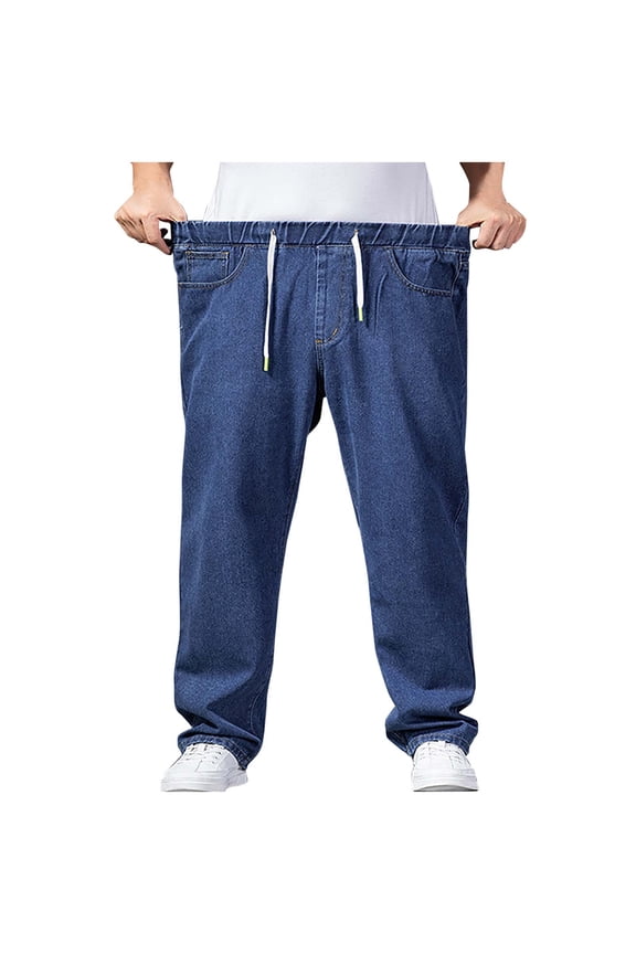 Mens Loose With Pockets Workout Casual Beach Jeans Straight Wide Leg Trousers Denim Elastic Waist Drawstring Fashion Summer Pants Blue XXL