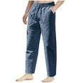 thumbnail image 1 of hopeusnice Mens Loose Wrinkled with Pockets Workout Casual Beach Cotton Linen Wide Leg Lounge Trousers Activewear Solid Color Elastic Waist Drawstring Fashion Summer Pants Blue XL, 1 of 6