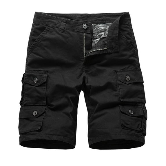hopeusnice Mens Mid Waist Workout Casual Beach Fashion Summer Cotton Linen Cargo Shorts Activewear Running Shorts Solid Color Pants Buttons Zipper Pockets Black M