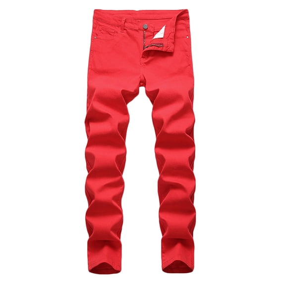 hopeusnice Mens Mid Waist Workout Solid Color Zipper Buttons Pants Casual Beach Fashion Summer Jeans Trousers Activewear Denim Red XXL