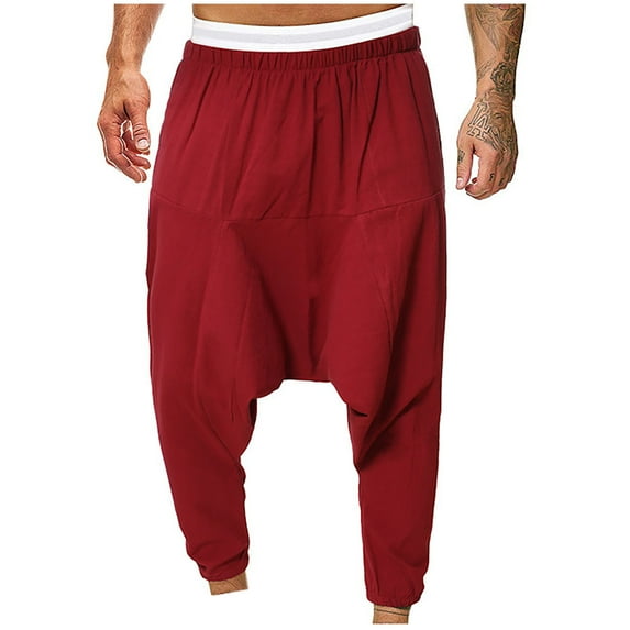 hopeusnice Mens Pants Solid Color Wrinkled Loose Fit Fashion Summer Casual Beach Workout Mid Waist Cotton Linen Hippie Lounge Trousers Activewear Red M