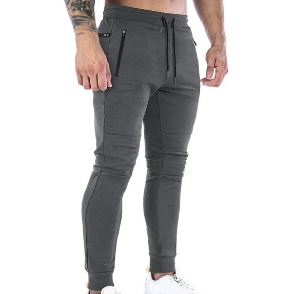Mens Skinny Zipper Pockets Workout Casual Beach Joggers Sweatpants Activewear Trousers Solid Color Pants Elastic Waist Drawstring Fashion Summer Dark Gray XXL