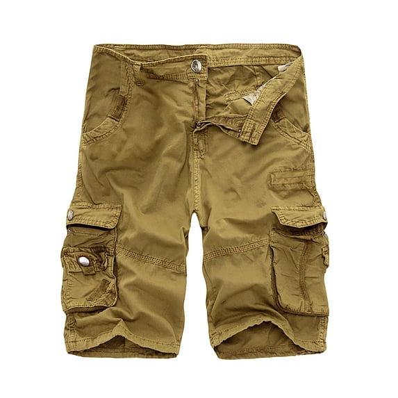hopeusnice Mens Workout Casual Beach Mid Waist Fashion Summer Cotton Linen Cargo Shorts Activewear Sweat Shorts ﻿ Solid Color Pants Loose Zipper with Pockets Khaki L