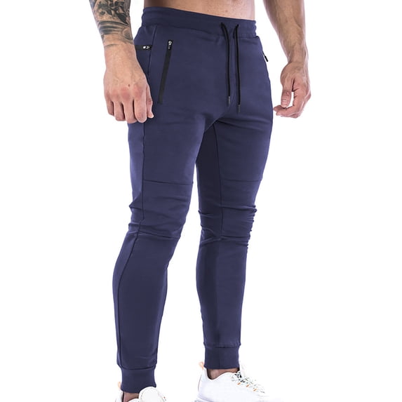 hopeusnice Mens Workout Casual Beach Solid Color Elastic Waist Drawstring Skinny Zipper Pockets Pants Joggers Sweatpants Activewear Trousers Fashion Summer Blue XL