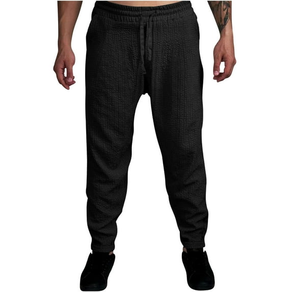 hopeusnice Mens Wrinkled Loose With Pockets Workout Casual Beach Wide Leg Trousers Lounge Activewear Straight Solid Color Elastic Waist Drawstring Fashion Summer Pants Black XXXL