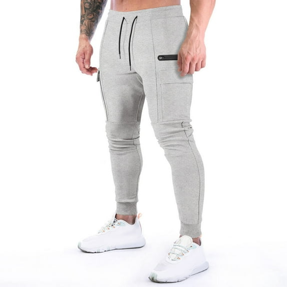 hopeusnice Mens Zipper Pockets Workout Casual Beach Skinny Sweatpants Joggers Activewear Running Trousers Solid Color Joggers Pants Elastic Waist Drawstring Fashion Summer Gray XL