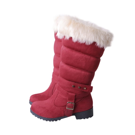 hopeusnice Mid Calf Boots For Women Thermal Plush Fleece Lined Suede Round Toe Chunky Mid Heels Winter Snow Boots Winter Warm Dress Long Tall Boots Red 38