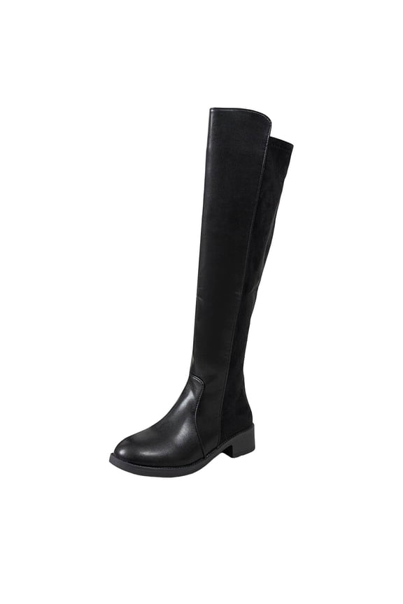 Mixed Material Square Heel Over The Knee Boots Women Stretch Panel Booties Black 39