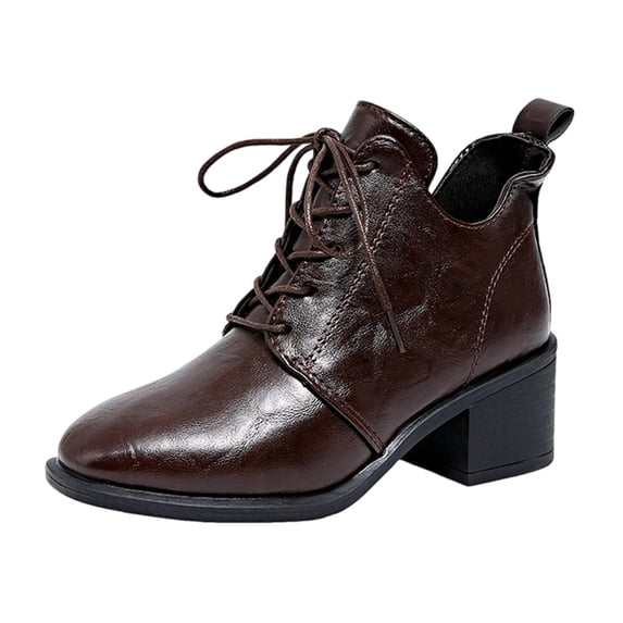 hopeusnice Patent Lace Up Square Heel Ankle Boots Women Pointed Toe Pull Tab Office Booties Brown 36